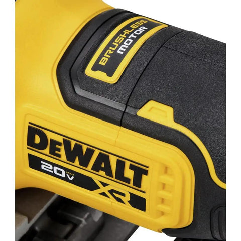 Close-up of handle on 20V Max XR Brushless Biscuit Joiner Tool Only with dual rack and pinion fence for precise adjustments