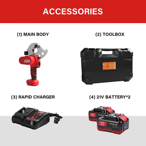 Crafthydro 21V Cordless Battery Electric Ratcheting Cable Cutter Heavy Duty Tool accessories including main body, toolbox, rapid charger, and batteries.