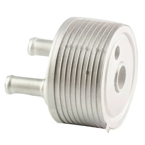Top Rated Auto Transmission Oil Cooler Compatible With V W Rabbit Jetta And Beetle 2006 To 2010 Models For Quick Installation And Long Lasting Cooling Performance To Keep Your Engine Running Smooth Down The Road. Silver aluminum transmission oil cooler with dual hose fittings, side view