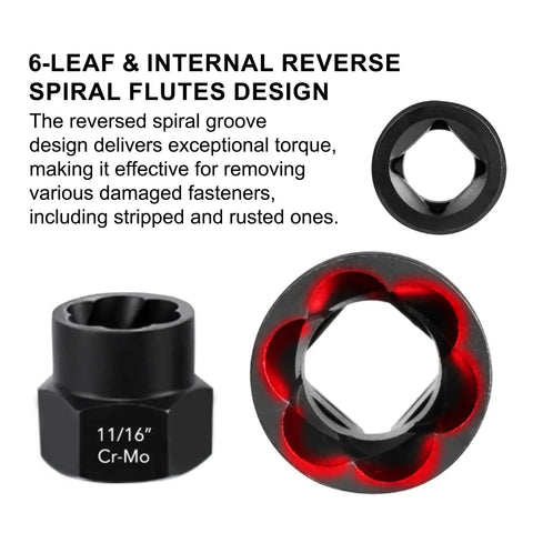 Knuckle Buster 15 Piece Impact Socket And Extraction Toolkit For Gnarled Bolts with 6-leaf internal reverse spiral flutes design.