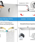Ultra Wide 16 Inch Square Rain Shower Head With High Flow Stainless Steel Brushed Nickel Finish Ceiling Or Wall Mount Waterfall Spa Experience Ultra Thin Eight Hundredths Of An Inch Design With Air Intake Tech displayed with features like adjustable coverage and air-in technology.