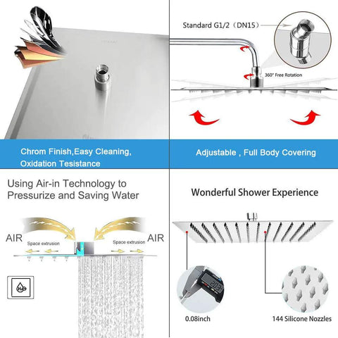 Ultra Wide 16 Inch Square Rain Shower Head With High Flow Stainless Steel Brushed Nickel Finish Ceiling Or Wall Mount Waterfall Spa Experience Ultra Thin Eight Hundredths Of An Inch Design With Air Intake Tech displayed with features like adjustable coverage and air-in technology.