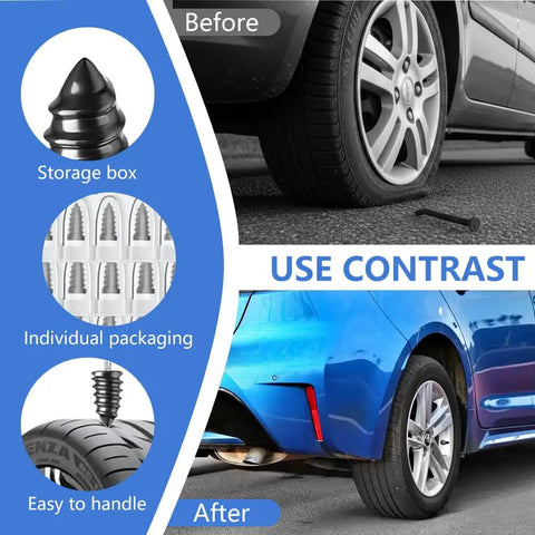 Roadside Ready Tire Repair Kit With Screw In Tubeless Plugs In 2 Sizes, Includes Screwdriver, Before and After Use on Car Tire