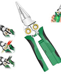 The Real McCoy 8 In One Wire Stripper With Built In Voltage Tester And Heavy Duty Crimping Pliers showing angled view and handles.