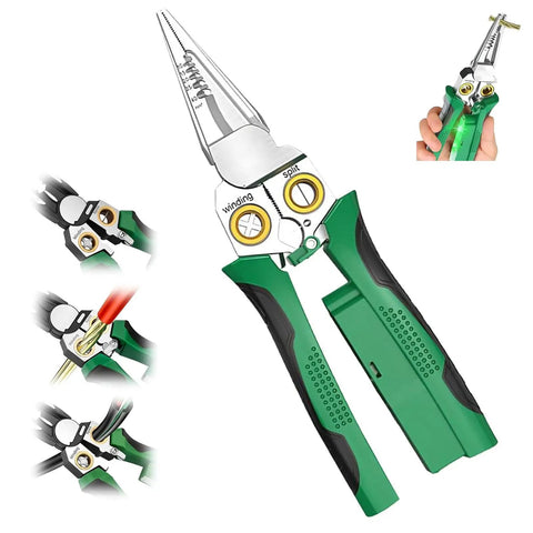 The Real McCoy 8 In One Wire Stripper With Built In Voltage Tester And Heavy Duty Crimping Pliers showing angled view and handles.
