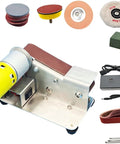 Pro Grade Mini Belt Sander Knife Sharpener With Seven Speed Settings, compact tool with various sanding attachments and motor.