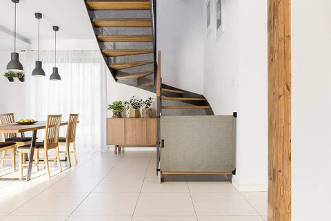 Banister To Wall Stair Gate for Kids and Pets, adjustable 36 to 43 inches, 32 inches high, fabric baby gate installed on stairs
