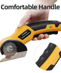 Boss Grade Cordless Electric Scissors For Cardboard Boxes, Rechargeable Rotary Cutter Slides Through Carpet And Plastic, No Sweat 4V Power Tool With Fast Charge Cable And Carry Pouch, featuring a comfortable handle.
