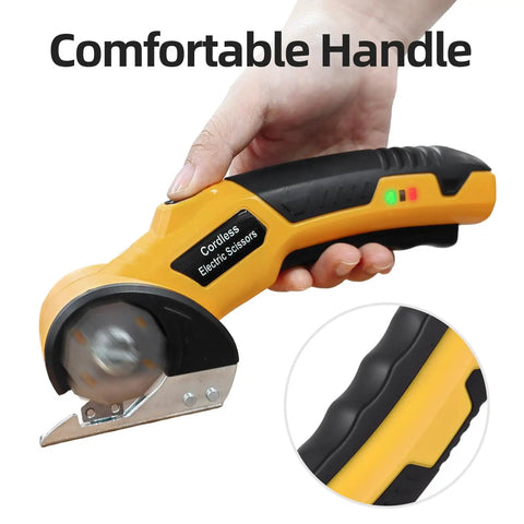 Boss Grade Cordless Electric Scissors For Cardboard Boxes, Rechargeable Rotary Cutter Slides Through Carpet And Plastic, No Sweat 4V Power Tool With Fast Charge Cable And Carry Pouch, featuring a comfortable handle.