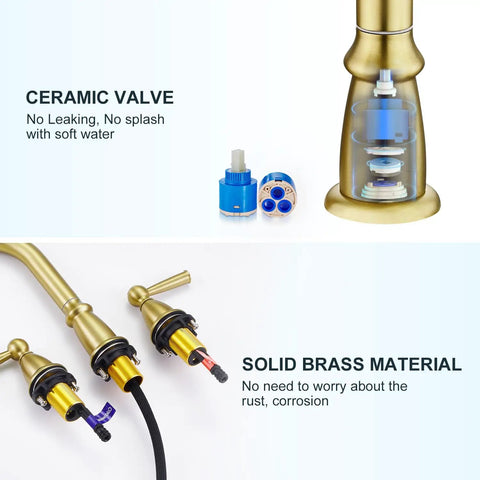 Widespread 3 Hole Brushed Gold Bathroom Faucet With No Splash 8 Inch Center Spout Pop Up Drain and dual handle details