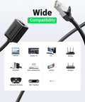 Cat6 Ethernet Extension Cable 10ft Patch Cord with RJ45 Male to Female connector, compatibility chart with devices like Laptop, Smart TV