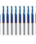 CNC router bit set: ten blue-coated, single-flute spiral upcut bits with silver shanks, arranged in a row