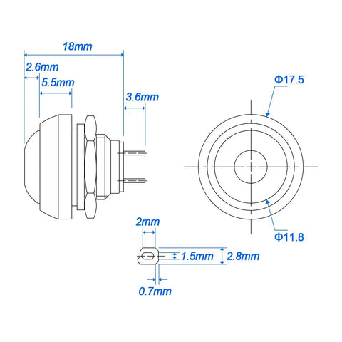 Technical diagram of 12Mm Waterproof Momentary Push Button Switch Kit 15 Pack On Off Button with dimensions and specifications labeled.