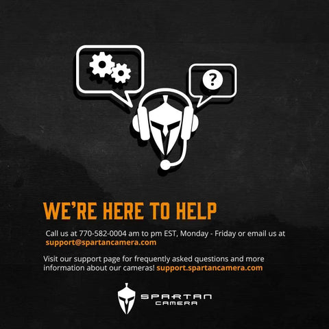 Support image featuring Spartan Camera logo, customer service icons, and contact information for assistance.