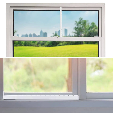 Adjustable Steel Window Security Bars Inside Mount For Sliding And Vertical Windows That Keep Bad Guys Out Extends From Sixteen Point Three To Twenty Nine Point Three Inches Includes 2 Pieces For Burglary Prevention And Enhanced Home Safety shown installed in window