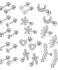 12 Pairs CZ Stud Earrings 16G Cartilage Earring Set For Tragus Helix And Ear Piercings, Hypoallergenic 316L Stainless Steel With Clear Cubic Zirconia, Tiny Ball Screw Back Earrings, Cute Heart And Flower Designs For Women, assorted silver studs