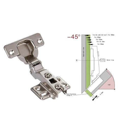 1 Piece -45 Degree Corner Fold Cabinet Door Hinge Set With Screws showing hinge and installation diagram
