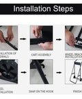 Installation steps of Heavy Duty Outboard Motor Stand Cart With Two Wheels, showing handrail and wheel installation, assembly process.