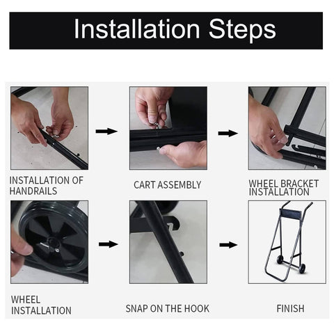 Installation steps of Heavy Duty Outboard Motor Stand Cart With Two Wheels, showing handrail and wheel installation, assembly process.