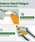 Close-up of ergonomic handles and high strength spring on All In One Pruning Shears And Garden Scissors Set for pros and DIYers.
