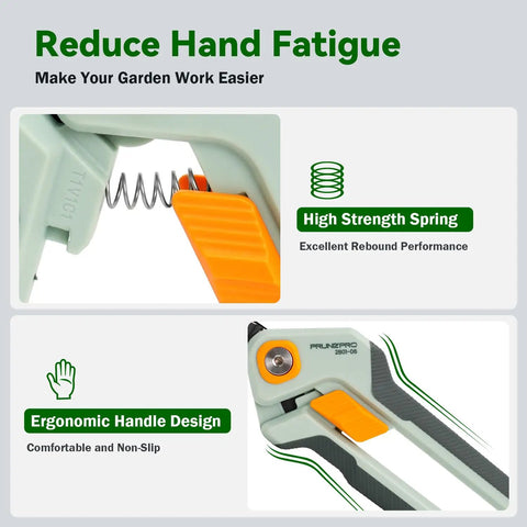 Close-up of ergonomic handles and high strength spring on All In One Pruning Shears And Garden Scissors Set for pros and DIYers.