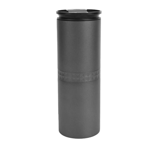 Grab Fresh Brew On The Fly With This Portable All In One Coffee Grinder And Brewer Featuring A Rechargeable Battery Adjustable Settings And Cordless Design Perfect For Travel Camping Or Office Use, sleek black coffee mug.