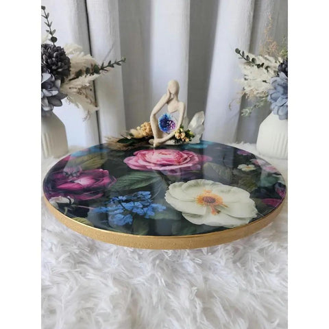 14 Inch Lazy Susan Turntable With Shimmer Epoxy Resin Artwork, Durable Wood And Resin Construction, floral design, tabletop scene