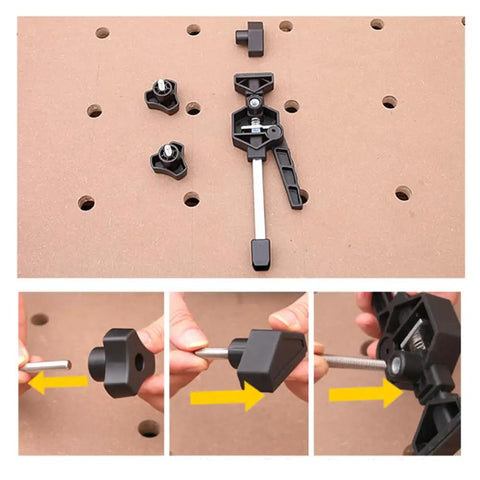 Beefy Heavy Duty Bench Clamp Set With Quick Release For 20mm Bench Dog Holes, 170lbs Grip, Adjustable Woodworking Clamp For Glueups, Assembly, And Planing Projects Plus Durable PA6 GF30 Construction And Rubber Pads on bench