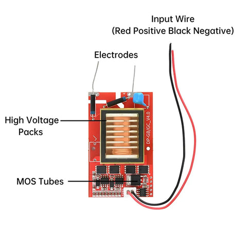 Compact Dc Booster Module Powers 9 To 24V Right Into A Knockout 10Kv Up To 20Kv High Voltage Generator with input wires and electrodes.