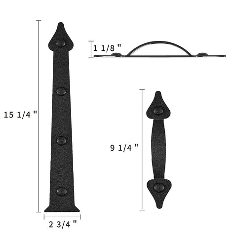 Dimensions of black Magnetic Garage Door Faux Hardware Kit with 4 handles and 8 hinges for quick DIY upgrade, premium ABS.