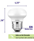 Dimensions and E26 base of Tiny Reflector LED Bulbs For Curio Cabinet Lighting 40W Equivalent 2700K Soft White Flicker Free and Non Dimmable