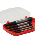 Pro 5-Piece Screw Extractor Set For Tough Jobs Pulling Stripped Bolts And Nuts Easy With Hardened Carbon Steel Reverse Drill Bits In Sturdy Case 3mm To 18mm Fit, red case open