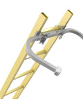 Adjustable Aluminum Corner Ladder Stabilizer With Non Slip Creamy White Rubber Mat C Shaped Roof Ladder Hook Stabilizer Wall Protector And Scratch Resistant Fits Most Ladders No Fuss Easy Install Heavy Duty Yet Lightweight Build on yellow ladder