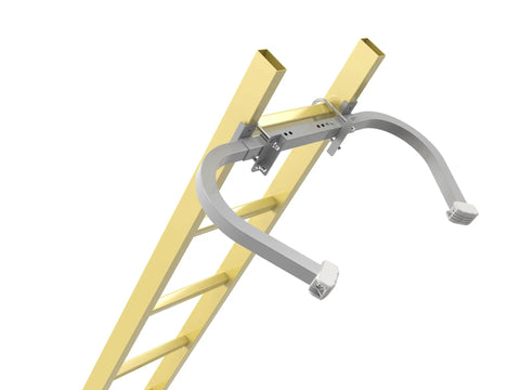 Adjustable Aluminum Corner Ladder Stabilizer With Non Slip Creamy White Rubber Mat C Shaped Roof Ladder Hook Stabilizer Wall Protector And Scratch Resistant Fits Most Ladders No Fuss Easy Install Heavy Duty Yet Lightweight Build on yellow ladder
