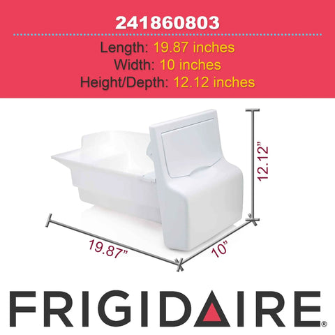 Ice Container Assembly 241860803 for Refrigerator Replacement Part Fits Multiple FRS23F4C Series Fridge Models with dimensions.