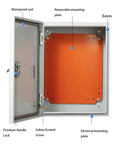 Heavy Duty Weatherproof Stainless Steel Electrical Project Box IP65 Outdoor Distribution Enclosure Built Tough For Wall Mounted Photovoltaic Junction Box 500 By 700 By 250mm open door with orange mounting plate and waterproof seal