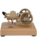 Top Tier Miniature Hit And Miss Engine 1.6cc Horizontal Four Stroke Gasoline Motor brass and wood base with visible governor.