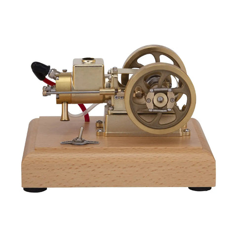 Top Tier Miniature Hit And Miss Engine 1.6cc Horizontal Four Stroke Gasoline Motor brass and wood base with visible governor.