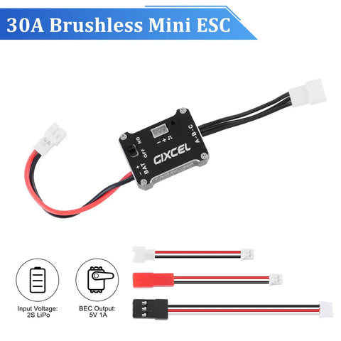 30A Brushless Mini ESC For 1/18 And 1/24 Micro RC Crawlers SCX24 TRX4M FCX24 FCX18, compact black casing with attached wires.