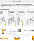 Installation guide for Heavy Duty EV Charging Cable Wall Mount Retractor Arm with wall compatibility and required tools.