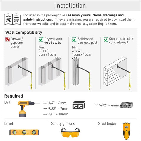 Installation guide for Heavy Duty EV Charging Cable Wall Mount Retractor Arm with wall compatibility and required tools.