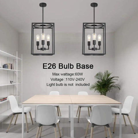 Dining room with two Rustic Hallway Cage Chandelier With 3 Lights Dope Vintage Industrial Farmhouse Square Pendant Ceiling Lights