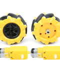 Mecanum wheel set: two yellow 80mm wheels with black rubber rollers and two yellow geared motors