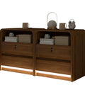 Sleek Nightstand Set Of Two Killer Bedside Table With Built In Charging Station LED Mood Light And Dead Simple Lockable Drawer, walnut finish.
