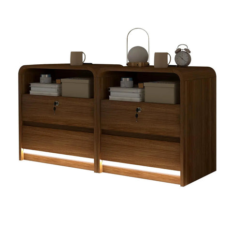 Sleek Nightstand Set Of Two Killer Bedside Table With Built In Charging Station LED Mood Light And Dead Simple Lockable Drawer, walnut finish.