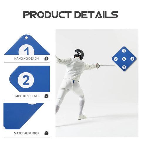 Wall Mount Fencing Target Rubber Training Pad for indoor and outdoor practice, showing design details and setup in action.