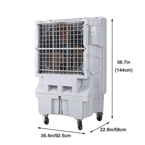 Slick Portable Evaporative Swamp Cooler With Huge Tank, Three No Fuss Settings And Smart Water Alert, Indoor Outdoor Chiller side view with dimensions.