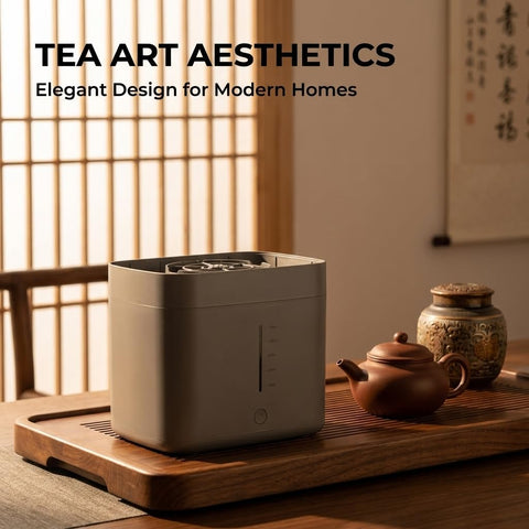 Automatic Desktop Cup Washer With 1.8L Tank Electric Glass Rinser on a wooden table next to a tea set.