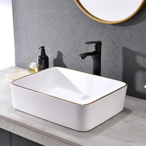 Modern White Vessel Sink For Bathroom Rectangular Porcelain Wash Basin 19x15 Inch Ceramic Lavatory Vanity Cabinet Easy Install