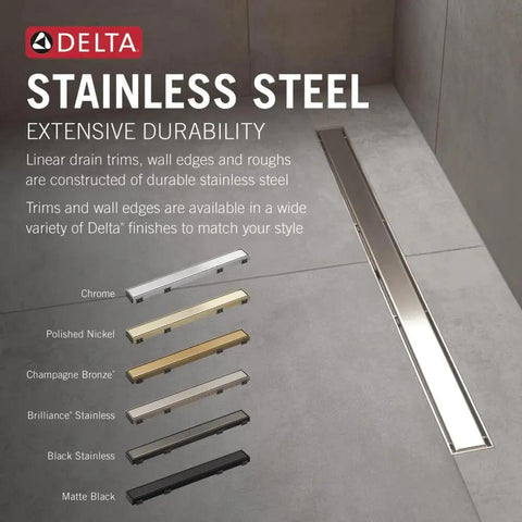 36 Inch Reversible Linear Shower Drain In Stainless Steel With Hair Catcher And Leak Resistant Seal For No Sweat Install shown with various finishes.
